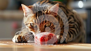 A Bengal cat pawing at a chunk of raw beef on a clean, light-colored surface, showcasing its natural predatory instincts photo