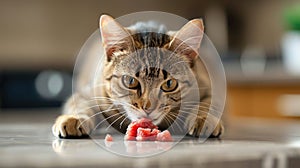 A Bengal cat pawing at a chunk of raw beef on a clean, light-colored surface, showcasing its natural predatory instincts photo