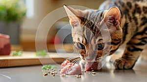 A Bengal cat pawing at a chunk of raw beef on a clean, light-colored surface, showcasing its natural predatory instincts photo