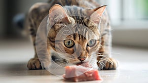 A Bengal cat pawing at a chunk of raw beef on a clean, light-colored surface, showcasing its natural predatory instincts photo