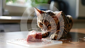 A Bengal cat pawing at a chunk of raw beef on a clean, light-colored surface, showcasing its natural predatory instincts photo