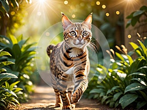 A Bengal cat playing in the park.