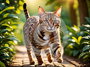 A Bengal cat playing in the park.