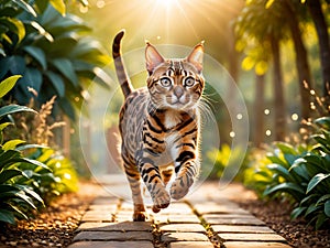 A Bengal cat playing in the park.