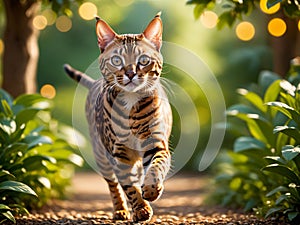 A Bengal cat playing in the park.