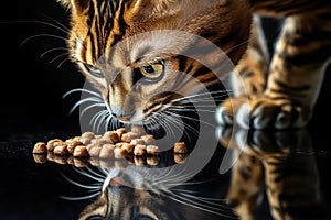 Bengal cat sniffs cat food on shiny surface