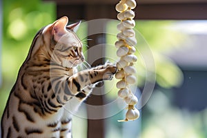 bengal cat swatting at a hanging garlic braid