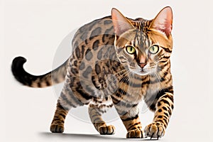 Bengal cat on a white isolated background walking forward. The pet is looking straight at the camera.