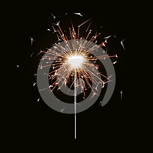 Bengal fire. New year sparkler candle isolated on black background. Realistic vector light effect. P