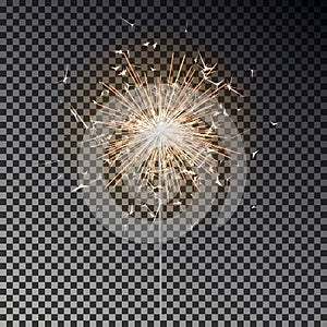 Bengal fire. New year sparkler candle isolated on black background. Realistic vector light effect. Party backdrop. Sparkler vector