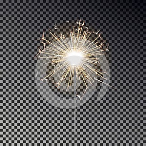 Bengal fire. New year sparkler candle isolated on transparent background. Realistic vector light eff