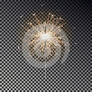 Bengal fire. New year sparkler candle isolated on transparent background. Realistic vector light eff