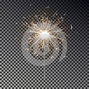 Bengal fire. New year sparkler candle isolated on transparent background. Realistic vector light eff