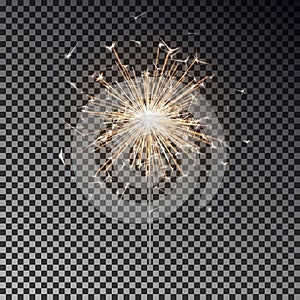 Bengal fire. New year sparkler candle isolated on transparent background. Realistic vector light eff