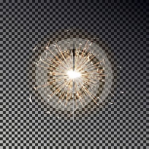 Bengal fire. New year sparkler candle isolated on transparent background. Realistic vector light eff