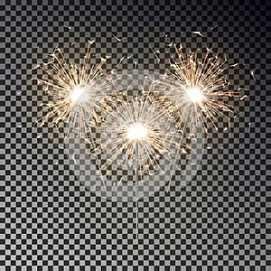 Bengal fire set. New year sparkler candle isolated on transparent background. Realistic vector light