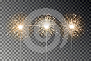 Bengal fire sparkle vector set. New year sparkler candle isolated on transparent background. Realist