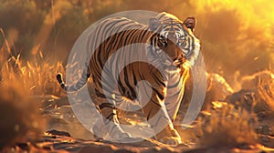 bengal tiger elegantly walking alone in dense forest