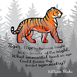 Bengal Tiger in forest poster design. Double exposure vector template. Old poem illustration on foggy background.