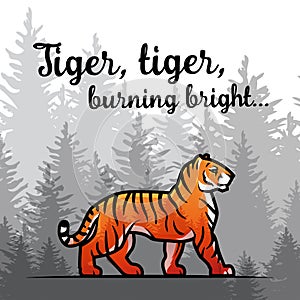 Bengal Tiger in forest poster design. Double exposure vector template. Old poem by William Blake illustration on foggy