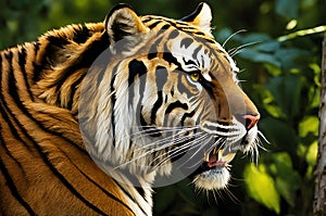 Bengal Tiger Roaring Midst High-Resolution Majesty, Bathed in Dappled Sunlight Amidst Dense Jungle Canopy