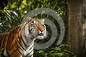 Bengal Tiger Roaring Midst High-Resolution Majesty, Bathed in Dappled Sunlight Amidst Dense Jungle Canopy