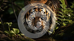 Bengal tiger stalking prey in forest environment
