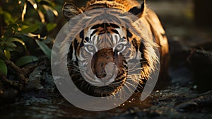 Bengal tiger stalking prey in forest environment