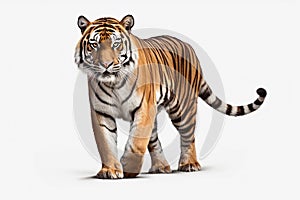 A bengal tiger is standing in front of a white background, in the style of panoramic scale