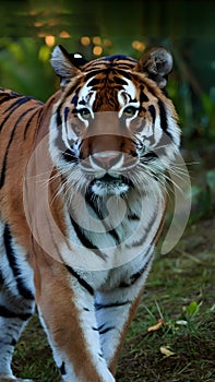 Bengal tiger surveys surroundings with heightened senses, majestic gaze photo