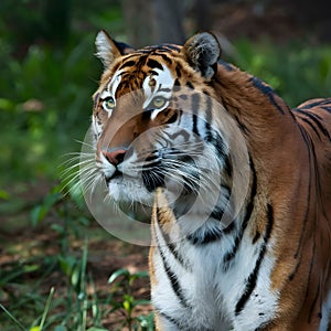 Bengal tiger surveys surroundings with heightened senses, majestic gaze photo