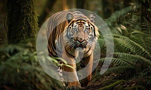 Bengal tiger walking gracefully through the dense forest. Its fur is a beautiful orange with black stripes and its piercing eyes