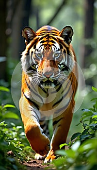 Bengal tiger walking on a trail through green vegetation