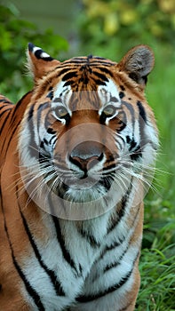 Bengal tigers close up shot against lush green grass backdrop