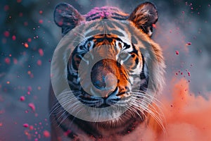 Bengal tigers face with vibrant colors of Holi Festival exploding around it