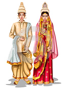 Bengali wedding couple in traditional costume of West Bengal, India