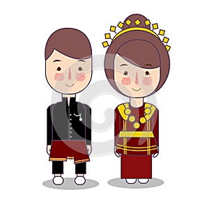 Bengkulu couple traditional national clothes of Indonesia. Set of cartoon characters in traditional costume. Cute people