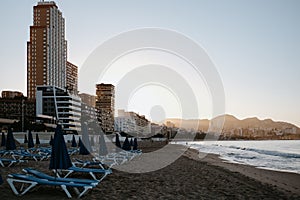 Empty Poniente beach in Benidorm at sunrise