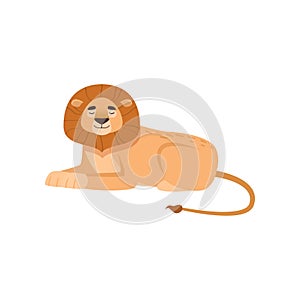 Benignant lion lying in the royal pose with closed eyes isolated on white background