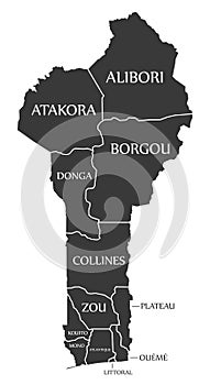 Benin map with departments and labels black