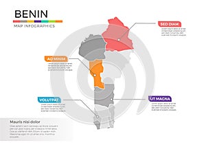 Benin map infographics vector template with regions and pointer marks