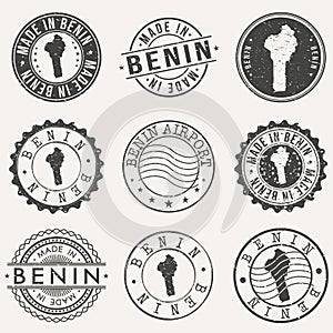 Benin Set of Stamps. Travel Stamp. Made In Product. Design Seals Old Style Insignia.