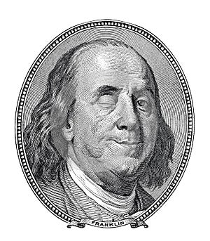 Benjamin Franklin blinking and smiling at you isolated on white