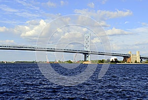 Benjamin Franklin Bridge, officially called the Ben Franklin Bridge, spanning the Delaware River joining Philadelphia