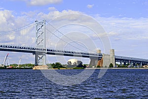 Benjamin Franklin Bridge, officially called the Ben Franklin Bridge, spanning the Delaware River joining Philadelphia photo