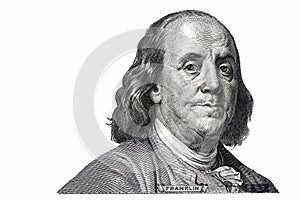 Benjamin Franklin cut on new 100 dollars banknote isolated on white background