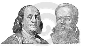 Benjamin Franklin cut on new 100 dollars banknote and Mykhailo Hrushevskyi cut from 50 hryvnias banknote for design purpose