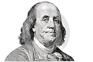 Benjamin Franklin cut on new 100 dollars banknote isolated on white background