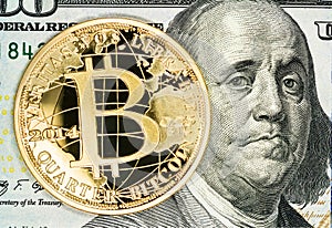 Benjamin Franklin with a grotesque grimace and bitcoin