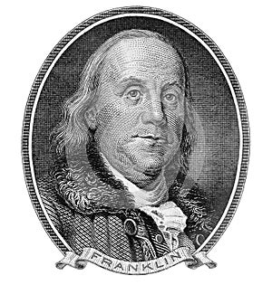 Benjamin Franklin portrait Of Series 1928 A , US dollars banknote. Vertical close up Old portrait.